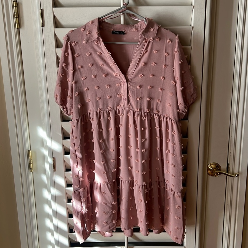 Pink collared pompom polka dot dresss with cinched sleeves